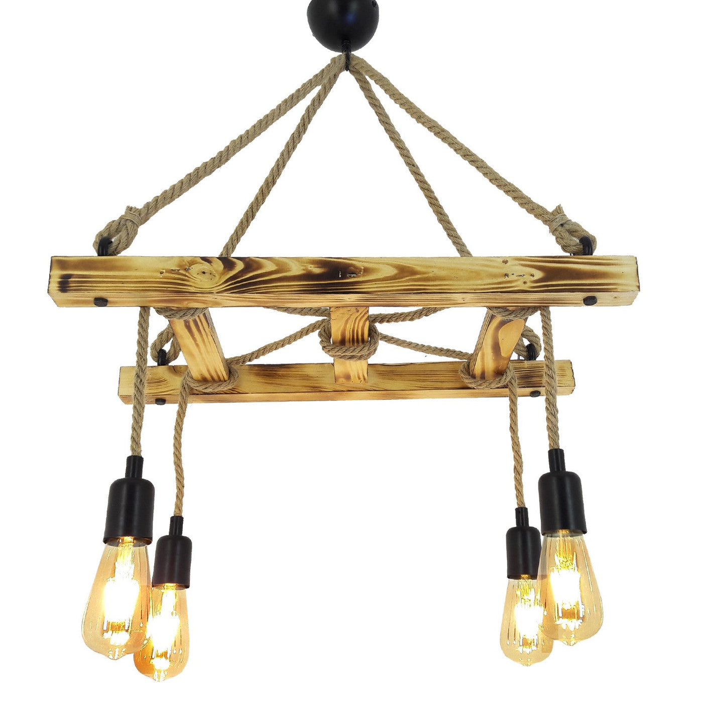 HT142 | Wooden Ladder Rope Chandelier, Industrial Hanging Lamp, 4 Bulbs