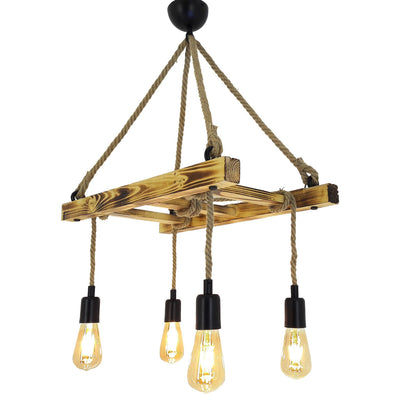 HT142 | Wooden Ladder Rope Chandelier, Industrial Hanging Lamp, 4 Bulbs