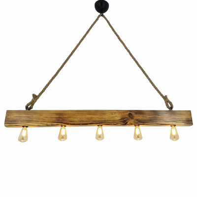 HT140 | Industriële houten hanglamp, industrieel en retro - Hanglamp van touw met houten blok | 5xE27-lampen