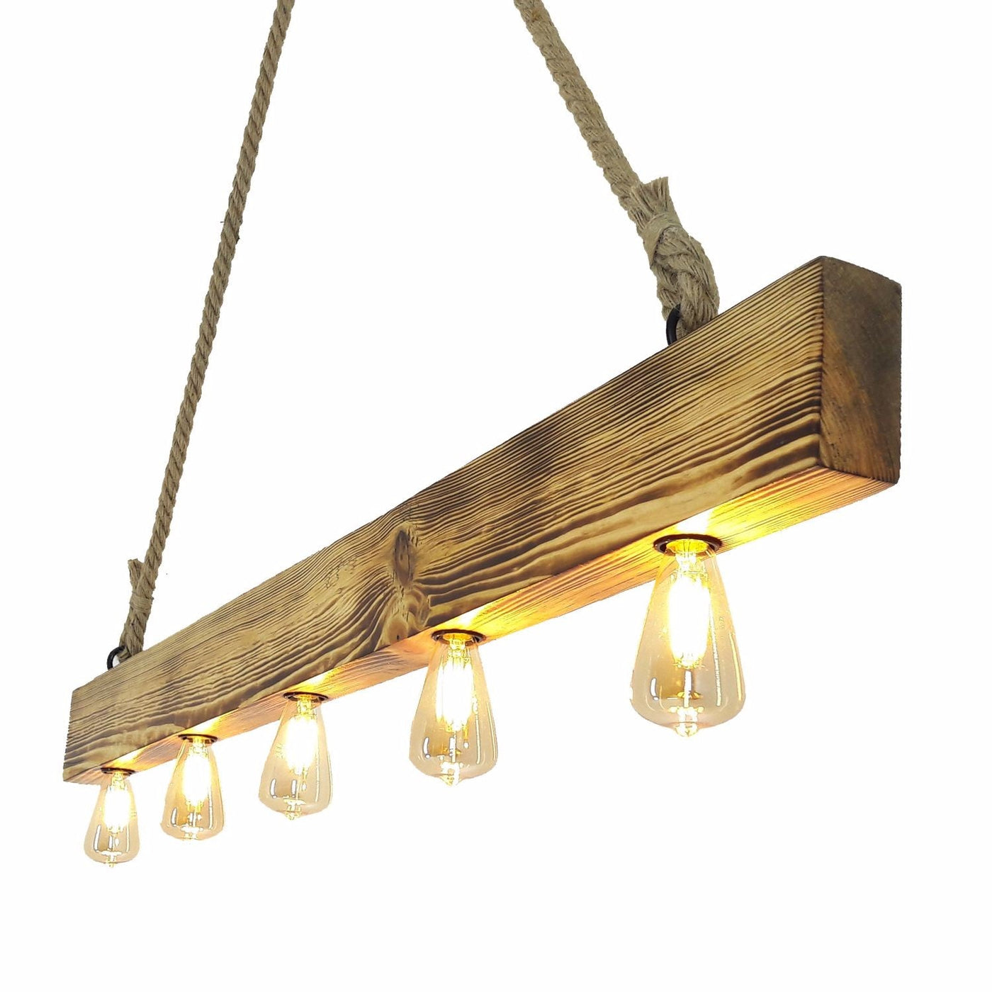 HT140 | Industrial Wood Pendant Light, Industrial & Retro - Rope Hanglamp with Wood Block | 5xE27 Bulbs