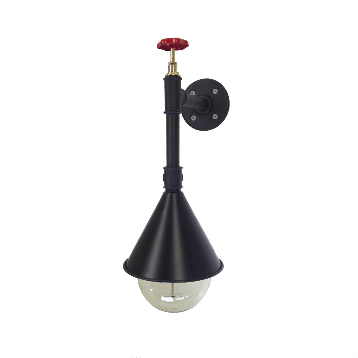 HT067 | Wall Lamp, Steampunk, Black Pipe with Red Valve