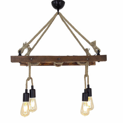 HT118 | Industrial Wood Ladder Pendant Lamp, 60x80cm, 4 Bulbs