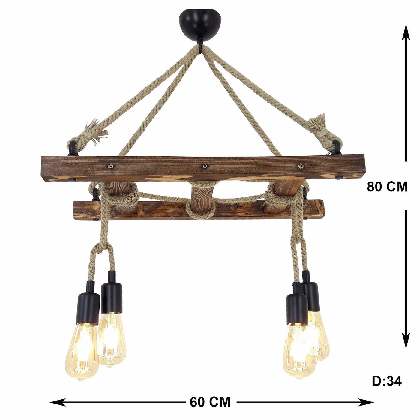 HT118 | Industrial Wood Ladder Pendant Lamp, 60x80cm, 4 Bulbs