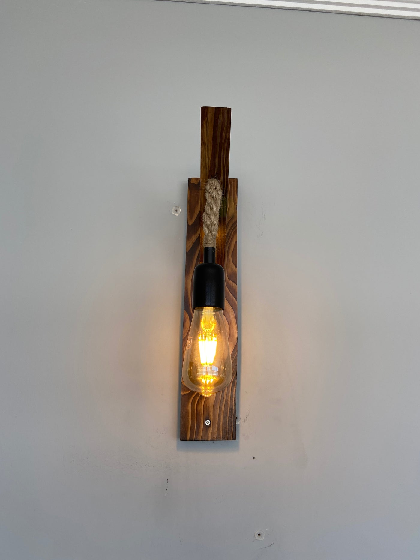 HT102 - Industrial Wooden Wall Lamp, Vintage- Retro, Wood & Rope