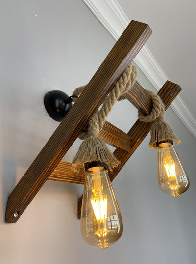 HT122 - Industrial Ladder Wall Lamp, Vintage - Retro, Wood & Rope