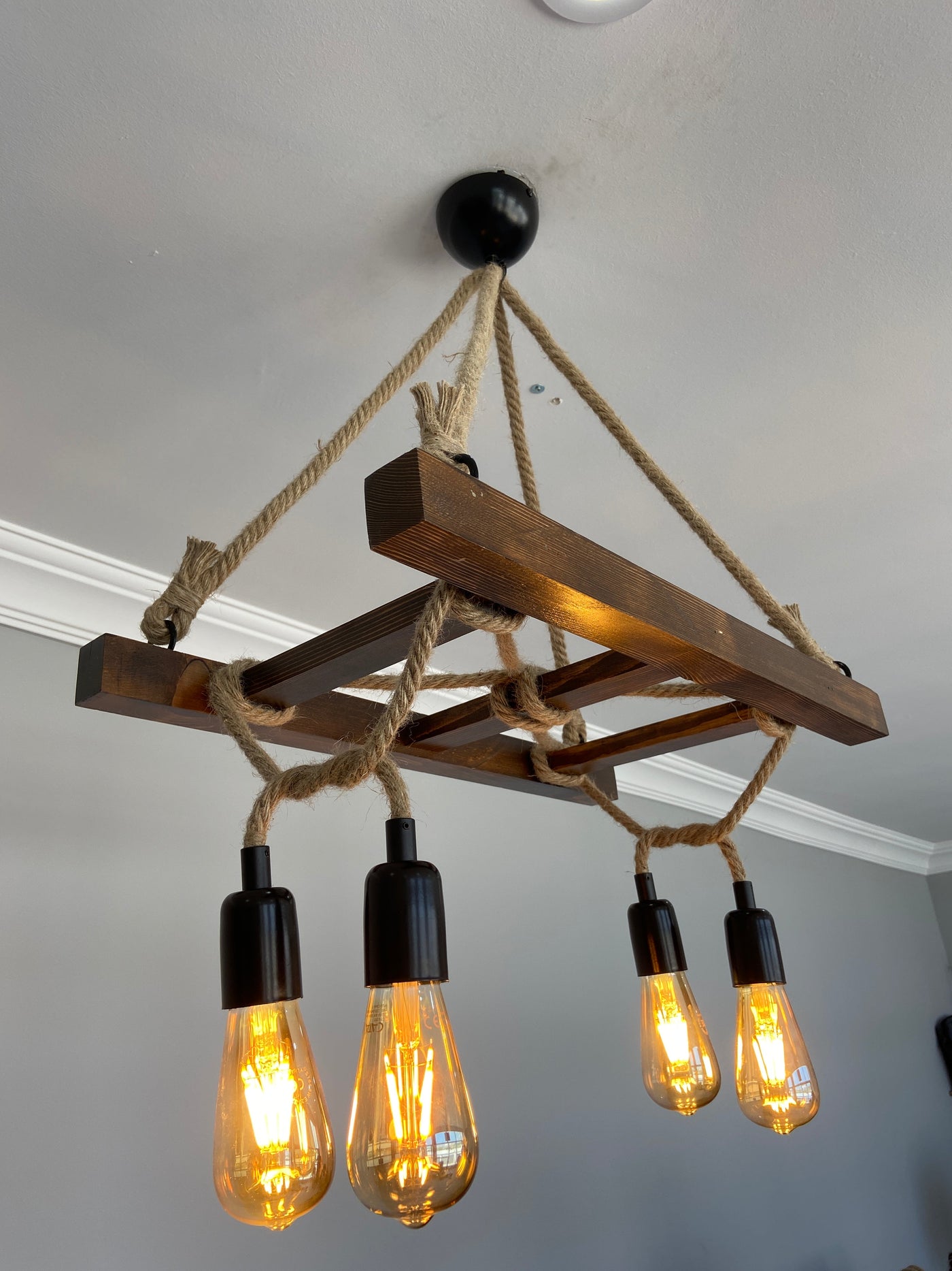 HT118 | Industriële houten ladder hanglamp, 60x80cm, 4 lampen