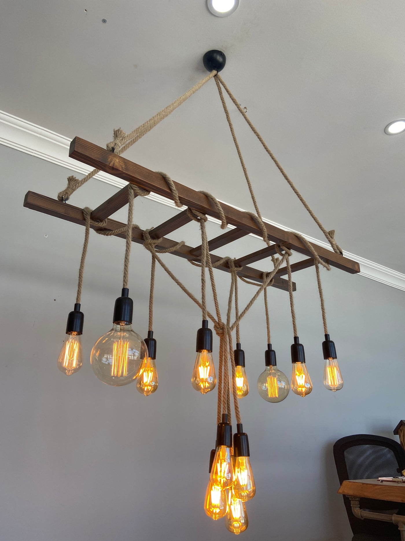 HT073 | XLarge, Wood Ladder Chandelier, 140x42 cm, 12 Bulbs