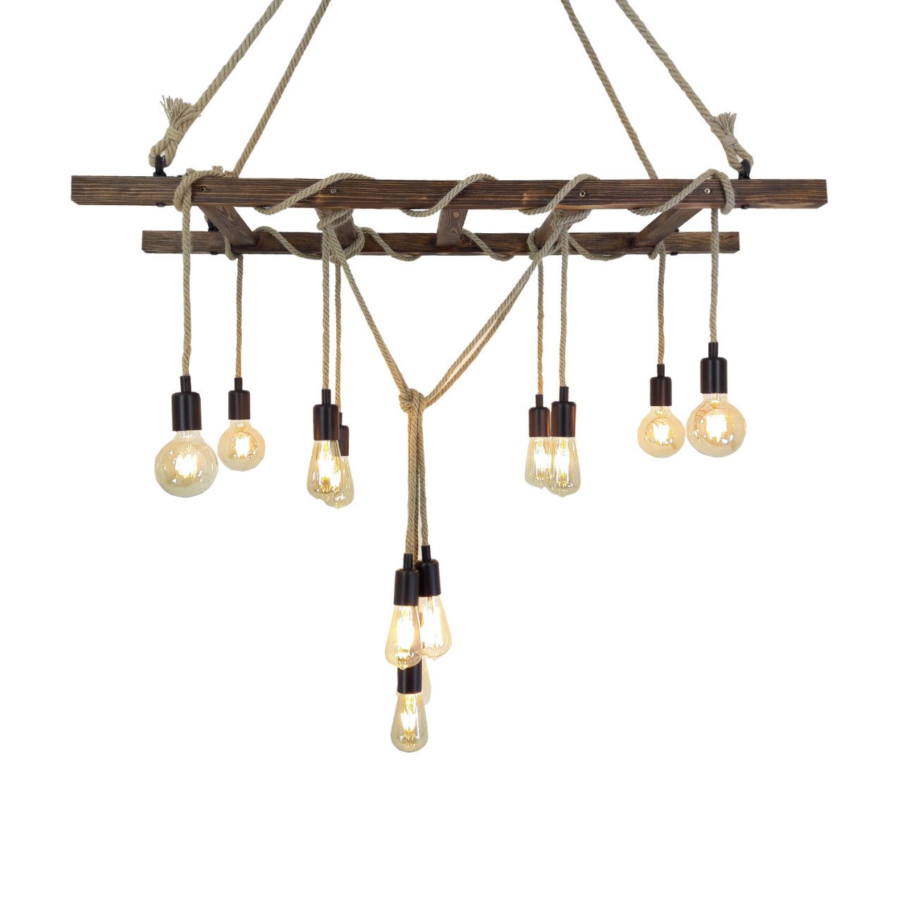 HT073 | XLarge, Wood Ladder Chandelier, 140x42 cm, 12 Bulbs | Industrial Houten Ladder Hanglamp